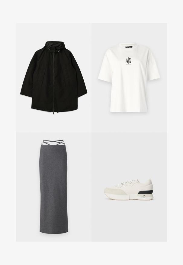Veste noire légère avec fermeture éclair, capuche à cordons de serrage et coupe large et décontractée. Présente des détails plissés sur le devant et une texture lisse.; T-shirt en coton blanc avec des manches courtes, une coupe décontractée et un imprimé logo noir au centre devant. Texture lisse, sans motifs supplémentaires.; Jupe midi grise en tissu doux et extensible. Elle présente une silhouette droite et des bretelles croisées à la taille pour un maintien sécurisé.; Baskets blanches avec un capuchon en suède texturé, un upper en mesh lisse, des lacets décoratifs, et un accent de talon en caoutchouc noir.