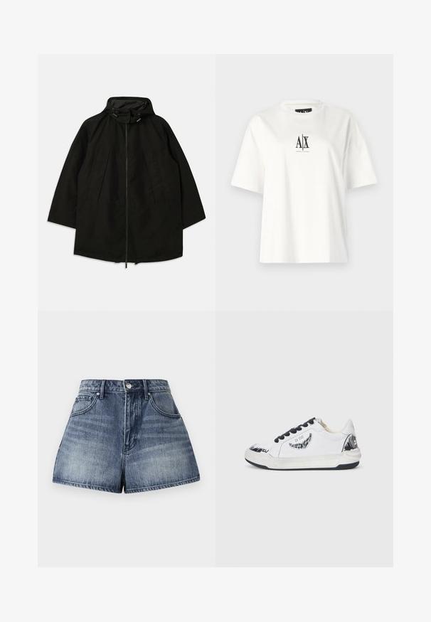 Melnā vieglā jakā ar rāvējslēdzēju, kapuci ar pievilkšanas auklām un plašu, brīvu piegriezumu. Iezīmes - izšūti priekša detaļas un gluda tekstūra.; Baltas kokvilnas T-krekls ar īsām piedurknēm, brīvu piegriezumu un melnu logo druku centrā. Gluda tekstūra, nav papildu rakstu.; Augsti vidukļa džinsi šorti, kas izgatavoti no zila mazgāšanas auduma. Iekļauj piecas kabatas, priekšējo pogu aizdari un nedaudz nolietotu tekstūru.; Bieli sporta apavi ar melniem akcentiem, ar teksturētu dizainu sānos, melnām auklām un gumijas zoli. Logo un mākslas darbs augšdaļā.