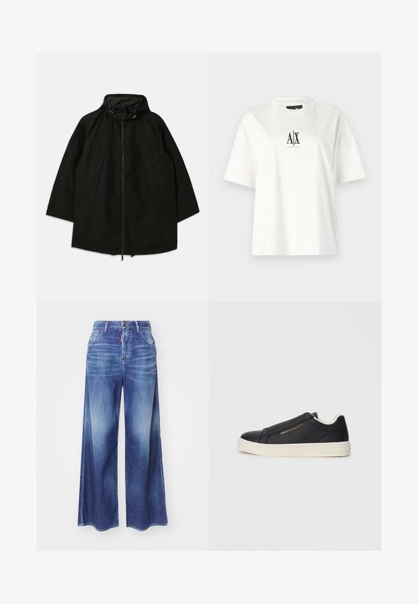 Juoda lengva striukė su užtrauktuku, kapišonu su raišteliais ir plačiu, laisvu kirpimu. Su raukšlėta priekiu ir lygia tekstūra.; Balta medvilninė marškinėlių su trumpomis rankovėmis, laisvas fasonas ir juodas logotipas centre. Lygus paviršius, be papildomų raštų.; Plati kojinės mėlynos džinsinės kelnės su išblukusiu apdailu, turinčios priekinės kišenes ir sagos uždarymą. Medžiaga - medvilnė su lygiu paviršiumi.; Juodas odinis sportinis batai be raištelių su baltu padu, auksiniu "Armani Exchange" logotipu šone ir minimalistinėmis siuvimo detalėmis.