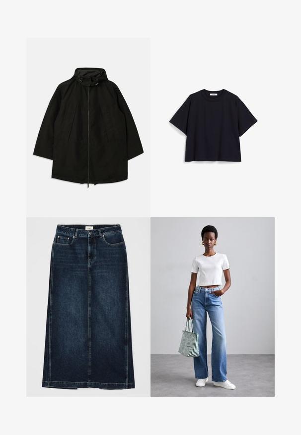 Fekete, könnyű dzseki, cipzáras záródással, húzózsinórral ellátott kapucnival, és széles, laza fazonnal. Húzott elülső részlet és sima текстúra jellemzi.; Sötétkék, rövid ujjú póló, puha pamutból készült, laza szabással, kerek nyakrésszel és minimalista dizájnnal. Nincsenek látható minták vagy díszítések.; Sötét farmer szoknya egyenes fazonban, térdig érő hosszúsággal. Elülső zsebekkel, cipzárral és diszkrét varrási részletekkel rendelkezik a varrás mentén.; Fehér bordázott rövidített póló, világoskék, bő szárú farmernadrág és fehér edzőcipő. Zöld és fehér csíkos vászontáskát tart.