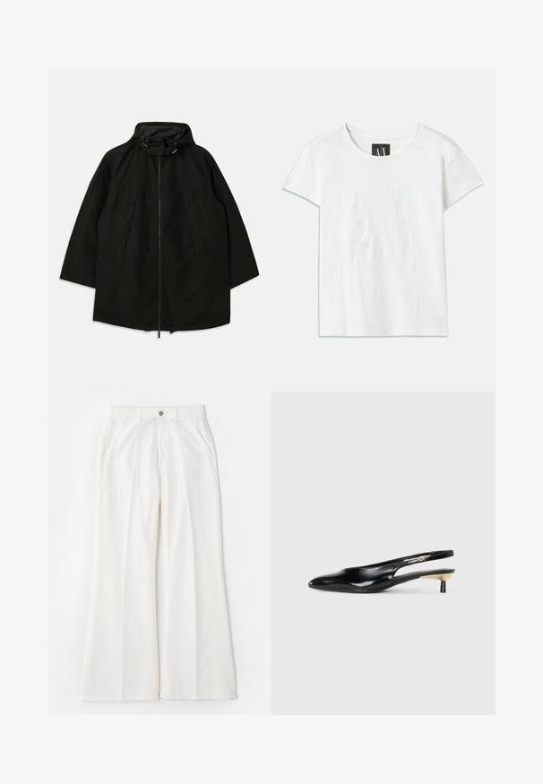 Črna lahka jakna z zadrgo, kapuco s vrvicami in širokim, ohlapnim krojem. Ima gubano sprednje detajliranje in gladko teksturo.; Bela bomba majica s kratkimi rokavi, ki ima na sprednji strani dvignjen logotip "AX" in spodaj natančno zasnovo napisa "ARMANI EXCHANGE".; Bela široka hlača iz mehkega materiala, z sprednjimi žepi in enim gumbom za zapiranje, s čistim in minimalističnim oblikovanjem.; Črne slingback pumpe z ozkim nosom, sijočim usnjem in majhno peto z zlatim akcentom. Elegantna zasnova z odprtim zadnjim delom.