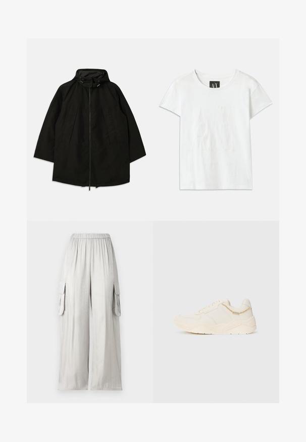 Svart lett jakke med glidelås, hette med snorer og bred, løs passform. Har plisseert frontdetaljering og en glatt tekstur.; Hvit bomulls t-skjorte med korte ermer, med en hevet logo "AX" foran og teksten "ARMANI EXCHANGE" under i et subtilt design.; Lys grå vide bukser laget av glatt stoff, med elastisk midje og to sidelommer.; Kremfargede joggesko med en glatt skinnoverdel, teksturerte detaljer, quiltede sømmer og en kraftig gummisåle. Har en liten dekorativ kjede.