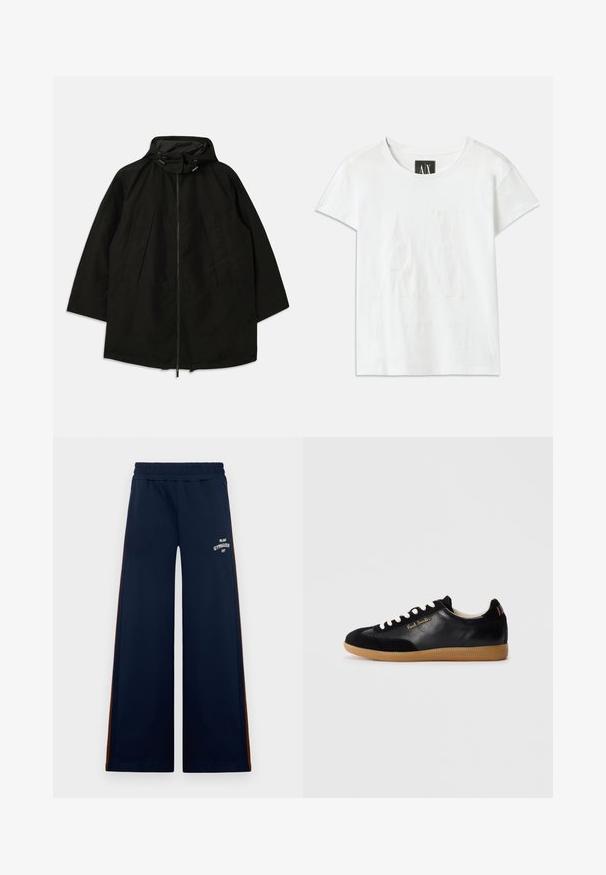 Melnā vieglā jakā ar rāvējslēdzēju, kapuci ar pievilkšanas auklām un plašu, brīvu piegriezumu. Iezīmes - izšūti priekša detaļas un gluda tekstūra.; Balta kokvilnas T-kreklu ar īsām piedurknēm, ar uzsistu logotipu "AX" priekšpusē un tekstu "ARMANI EXCHANGE" zem tā, izsmalcinātā dizainā.; Jūras spēku plašas sporta bikses ar elastīgu jostu, ar brūnām sānu akcentiem un baltu tekstu "Milano Gymnasium".; Melnas zemas ādas sporta kurpes ar baltām auklām, gumijas zole, "Paul Smith" zelta logo sānos un daudzkrāsains svītrains akcenta detaļa uz papēža.