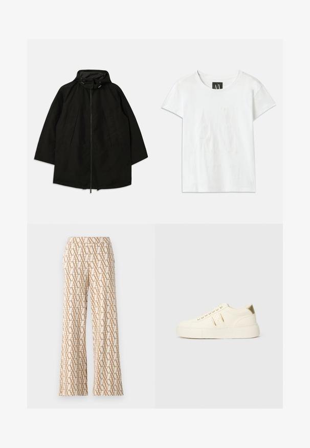 Schwarze leichte Jacke mit Reißverschluss, Kapuze mit Kordelzügen und weitem, lockeren Schnitt. Verfügt über gefaltete Vorderdetails und eine glatte Textur.; Weißes Baumwoll-T-Shirt mit kurzen Ärmeln, das auf der Vorderseite ein erhabenes Logo "AX" und darunter in einem dezenten Design den Text "ARMANI EXCHANGE" zeigt.; Weite Hosen aus einem cremefarbenen Stoff mit einem sich wiederholenden beigen Buchstabenmuster. Mit einem glatten Bund und einer lockeren Passform.; Cremfarbene Low-Top-Sneaker mit goldenen Akzenten, Schnürsenkeln und geprägtem "Armani Exchange"-Branding auf der Sohle und dem Seitenpatch.