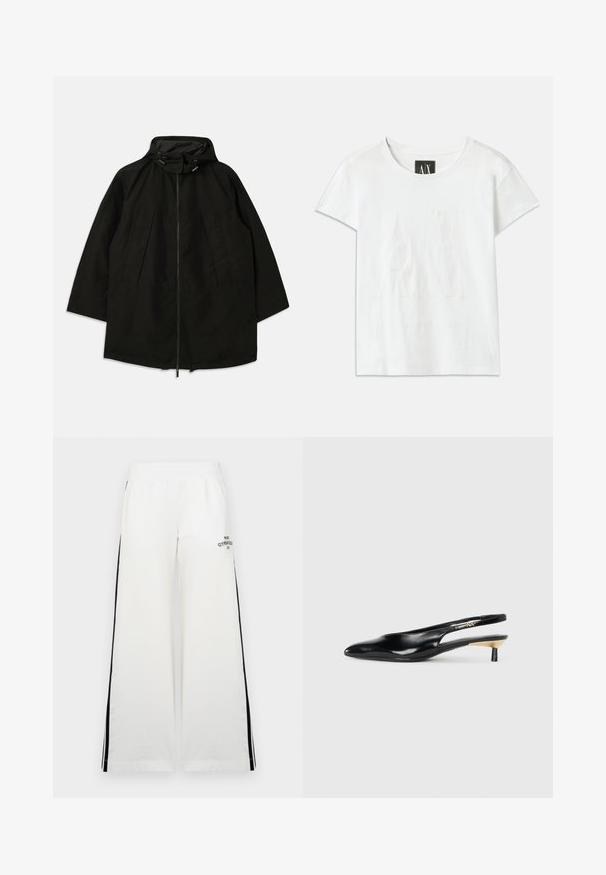 Čierna ľahká bunda so zipsom, kapucňou so sťahovacími šnúrkami a širokým, voľným strihom. Obsahuje pletené predné detaily a hladkú textúru.; Biela bavlnená tričko s krátkymi rukávmi, s vystúpeným logom "AX" na prednej strane a textom "ARMANI EXCHANGE" pod ním v subtílnom dizajne.; Biele široké nohavice s elastickým pásom, s čiernymi bočnými pruhmi a potlačou na prednej ľavej strane. Hladká textura látky.; Čierne slingback lodičky s ostrou špicou, lesklým koženým povrchom a malým podpätkom s zlatým doplnkom. Elegantný dizajn s otvorenou zadnou časťou.