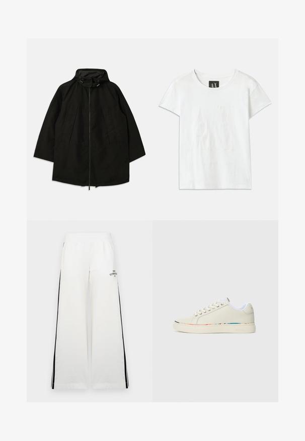 Crna lagana jakna s patentnim zatvaračem, kapuljačom s utezima i širokim, opuštenim krojem. Sadrži nabore na prednjem dijelu i glatku teksturu.; Bijela pamučna majica s kratkim rukavima, s izdošenim logotipom "AX" sprijeda i tekstom "ARMANI EXCHANGE" ispod u suptilnom dizajnu.; Bijele široke hlače s elastičnim pojasom, s crnim bočnim trakama i ispisanim tekstom na lijevoj prednjoj strani. Glatka tekstura tkanine.; Off-white niske tenisice s vezanjem, bijela unutrašnjost i suptilni višeboji rub duž ivice đona, bočni pogled.