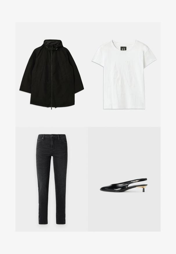 Črna lahka jakna z zadrgo, kapuco s vrvicami in širokim, ohlapnim krojem. Ima gubano sprednje detajliranje in gladko teksturo.; Bela bomba majica s kratkimi rokavi, ki ima na sprednji strani dvignjen logotip "AX" in spodaj natančno zasnovo napisa "ARMANI EXCHANGE".; Črne slim-fit jeans hlače s sprednjim gumbom, zankami za pas in subtilnim zbledelostjo ob straneh ter sprednjemu delu stegen.; Črne slingback pumpe z ozkim nosom, sijočim usnjem in majhno peto z zlatim akcentom. Elegantna zasnova z odprtim zadnjim delom.