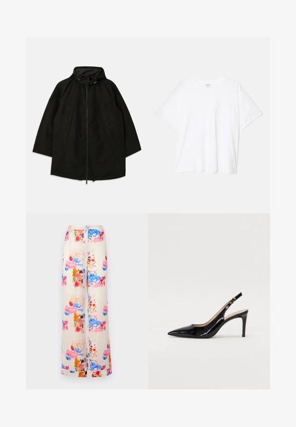 Black lightweight jacket with a zip closure, hood with drawstrings, and wide, loose fit. Features pleated front detailing and a smooth texture.; White cotton t-shirt with short sleeves, round neckline, relaxed fit, and stitched hem. Label visible on the inside neck.; Wide-legged trousers in a cream fabric featuring a colorful watercolor pattern with pink, blue, and orange accents. Lightweight and breathable.; Black patent leather slingback pump with pointed toe, slim heel, and a subtle cutout design. Features a gold buckle on the strap.
