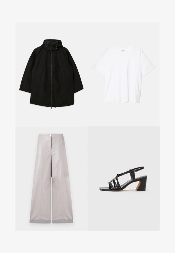 Melnā vieglā jakā ar rāvējslēdzēju, kapuci ar pievilkšanas auklām un plašu, brīvu piegriezumu. Iezīmes - izšūti priekša detaļas un gluda tekstūra.; Balta kokvilnas T-krekls ar īsām piedurknēm, apaļu dekoltē, brīva piegriezuma un šūtu apakšmalu. Etiķete redzama iekšējā kakla daļā.; Platuma kāju bikses gaiši pelēkā mākslīgā āda, ar priekšējo pogas aizdari, divām sānu kabatām un šuvju detaļām, kas piešķir papildu tekstūru.; Paul Smith AMIRA - Klasiski papēži - black