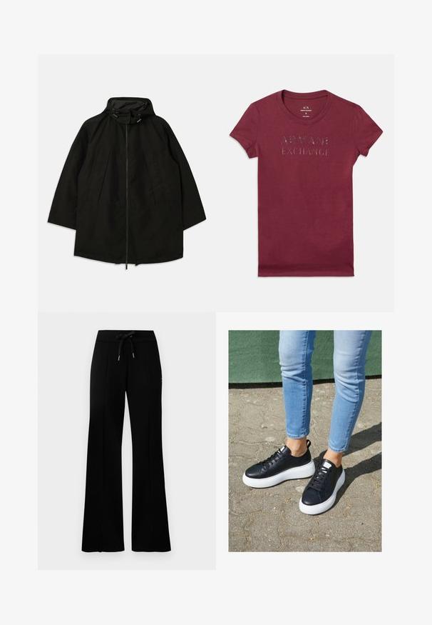Giacca leggera nera con chiusura a zip, cappuccio con cordini e vestibilità ampia e morbida. Presenta dettagli plissettati sul davanti e una superficie liscia.; T-shirt fitted a maniche corte color bordeaux con la scritta "ARMANI EXCHANGE" stampata in lettere nere lucide sul petto.; Pantaloni della tuta neri a gamba ampia con cintura regolabile, dettagli con fessure laterali, tessuto morbido e design elegante.; Sneaker in pelle nera con suole in gomma bianca, caratterizzate da una finitura liscia, punta arrotondata e lacci piatti. Indossati con jeans azzurri chiari.