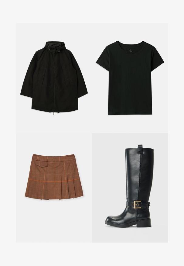Črna lahka jakna z zadrgo, kapuco s vrvicami in širokim, ohlapnim krojem. Ima gubano sprednje detajliranje in gladko teksturo.; Črna kratka majica s kratkimi rokavi, narejena iz bombaža. Ima okroglo izrez in embosirano besedilo "Armani Exchange" ob rami. Preprost dizajn.; Rjava karo suknja z naborki, oranžnimi poudarki in stransko žepom. Narejena iz teksturiranega materiala z prilegajočim pasom.; Črne usnjene škornje do kolen z nizko blokasto peto, okrasnim zlatim paščkom okoli gležnja in z zanko za pomoč pri obuvanju na vrhu.