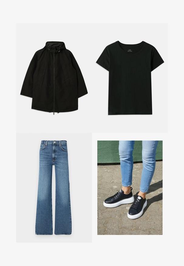 Schwarze leichte Jacke mit Reißverschluss, Kapuze mit Kordelzügen und weitem, lockeren Schnitt. Verfügt über gefaltete Vorderdetails und eine glatte Textur.; Schwarzes kurzärmeliges T-Shirt aus Baumwolle. Verfügt über einen Rundhalsausschnitt und geprägten "Armani Exchange"-Schriftzug entlang der Schulter. Einfaches Design.; Hellblaue Jeans aus Denim mit weitem Bein, hoher Taille, klassischer fünf Taschen-Design und dezenten Ausbleichungen an den Knien.; Schwarze Ledersneaker mit weißen Gummisohlen, die eine glatte Oberfläche, eine abgerundete Spitze und flache Schnürsenkel aufweisen. Getragen mit hellblauen Jeans.