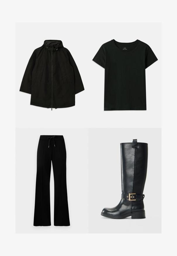 Czarna, lekka kurtka z zamkiem błyskawicznym, kapturem ze sznurkami ściągającymi oraz szerokim, luźnym krojem. Posiada plisowane detale z przodu oraz gładką fakturę.; Czarna koszulka z krótkim rękawem z bawełny. Posiada okrągły dekolt oraz wypukły tekst "Armani Exchange" na ramieniu. Prosty design.; Czarne szerokie spodnie dresowe z elastycznym pasem typu drawstring, z bocznymi rozcięciami, wykonane z miękkiego materiału i o eleganckim fasonie.; Czarne skórzane kozaki do kolan z niskim obcasem w kształcie bloku, ozdobnym złotym paskiem z klamrą wokół kostki oraz pętelką u góry.