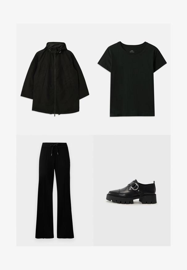 Črna lahka jakna z zadrgo, kapuco s vrvicami in širokim, ohlapnim krojem. Ima gubano sprednje detajliranje in gladko teksturo.; Črna kratka majica s kratkimi rokavi, narejena iz bombaža. Ima okroglo izrez in embosirano besedilo "Armani Exchange" ob rami. Preprost dizajn.; Črne široke trenirke z elastičnim pasom na vrvico, stranskimi razporki, mehkega materiala in elegantnim dizajnom.; Črne usnjene čevlje z debelim, rebrastim podplatom, ki imajo okroglo srebrno kovinsko dodatno opremo in minimalne šive.