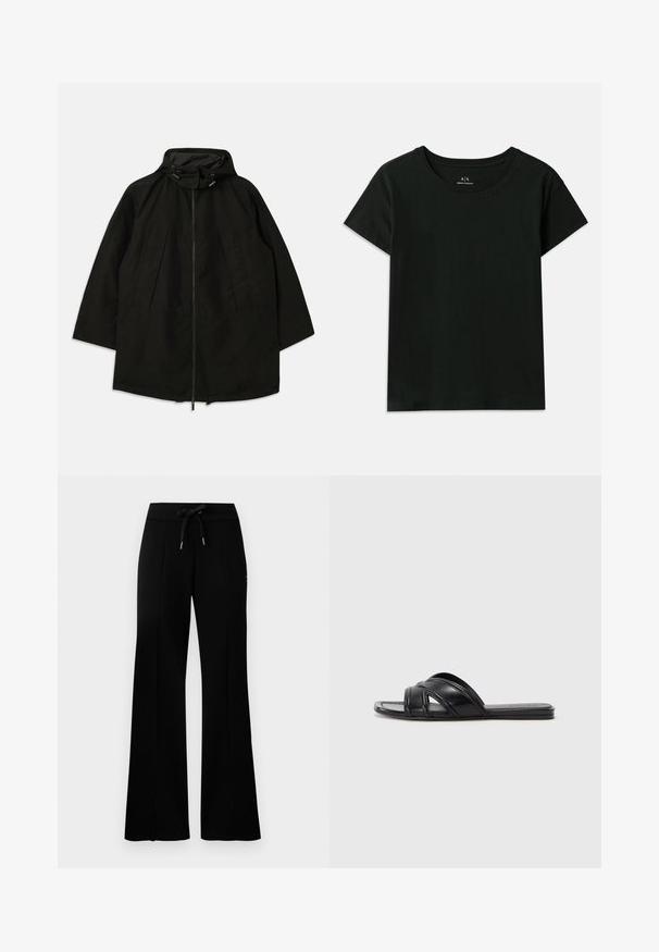 Musta kevyt takki, jossa on vetoketjukiinna, huppu kiristysnyöreillä ja leveä, löysä mitoitus. Takissa on pleatattu etuosa ja sileä pinta.; Musta lyhythihainen T-paita, joka on tehty puuvillasta. Ominaisuuksiin kuuluu pyöreä kaula-aukko ja kohokuvioitu "Armani Exchange" -teksti olkapään kohdalla. Yksinkertainen muotoilu.; Mustat leveälahkeiset collegehousut, joissa on kiristysnauha vyötäröllä, sivuvetoketjut, pehmeä kangas ja tyylikäs muotoilu.; Musta liukusandaalit, joissa on sileä nahkapinta, ristitaskut ja leikkuuyksityiskohdat, sekä litteät, joustavat pohjat.