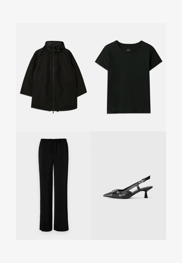 Zwarte lichtgewicht jas met een ritsluiting, kap met trekkoorden en een brede, losse pasvorm. Heeft geplooide frontdetails en een gladde textuur.; Zwarte T-shirt met korte mouwen van katoen. Heeft een ronde hals en het reliëf "Armani Exchange"-logo langs de schouder. Eenvoudig ontwerp.; Zwarte wijde broek met een elastische tailleband, gemaakt van soepele stof, met een comfortabele pasvorm en zonder zichtbare patronen of accenten.; Zwarte leren slingback schoen met een puntige neus, decoratieve banden met metalen oogjes en een lage blokhak. Textuur oppervlak.