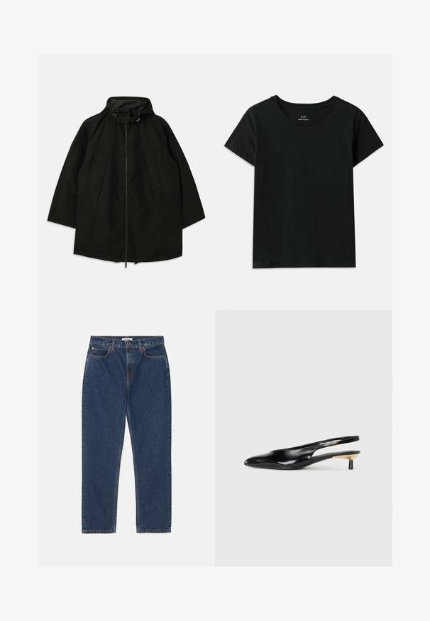 Chaqueta ligera negra con cierre de cremallera, capucha con cordones y un ajuste amplio y suelto. Cuenta con detalle en la parte delantera con pliegues y una textura suave.; Camiseta negra de manga corta hecha de algodón. Presenta un cuello redondo y texto en relieve "Armani Exchange" a lo largo del hombro. Diseño simple.; RE/DONE LOOSE LONG - Vaqueros rectos - dark blue denim; Zapato de tacón tipo slingback negro con punta afilada, acabado en cuero brillante y un pequeño tacón con un acento dorado. Diseño elegante con parte trasera abierta.