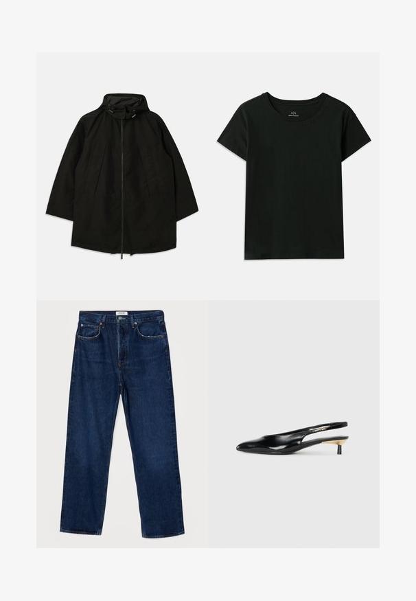Svart lett jakke med glidelås, hette med snorer og bred, løs passform. Har plisseert frontdetaljering og en glatt tekstur.; Svart kortermet T-skjorte laget av bomull. Har rund hals og preget "Armani Exchange"-tekst langs skulderen. Enkel design.; Mørkeblå denimjeans med høy livvidde, rett snitt, femlommersdesign og kontraststing. Har knappelukk og beltehemper.; Sorte slingback pumps med spiss tå, glanset skinnfinish og en liten hæl med gullakcent. Elegant design med åpen bak.