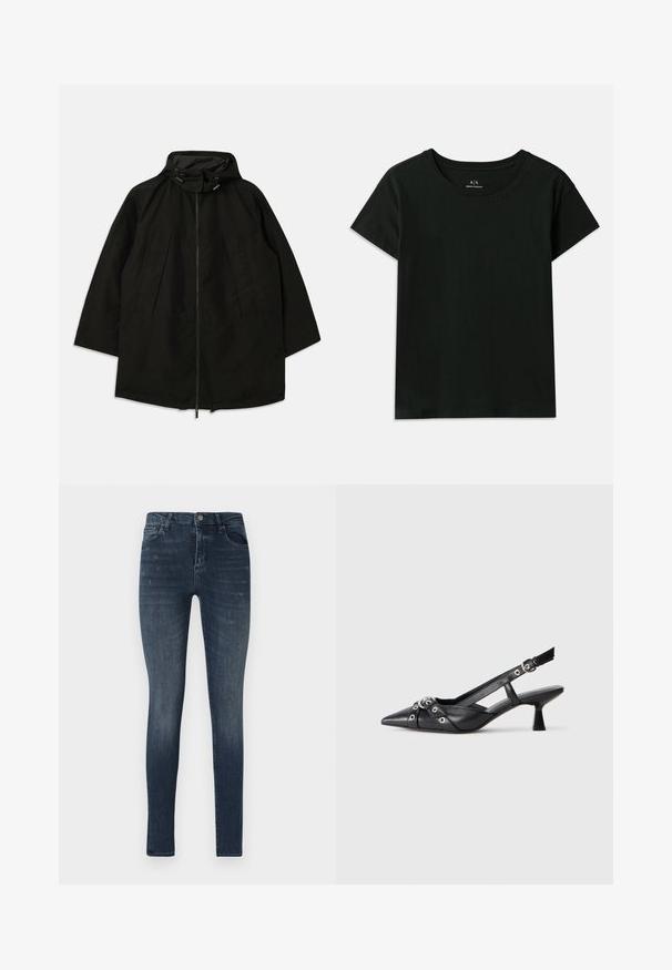 Casaco leve preto com fecho de zipper, capuz com cordões e corte largo e solto. Apresenta detalhes frontais pregueados e uma textura suave.; T-shirt preto de manga curta, feito de algodão. Apresenta um decote redondo e texto em relevo "Armani Exchange" ao longo do ombro. Design simples.; Fatos de ganga justos em azul escuro, com um design de cinco bolsos, ligeira descoloração e fecho de botão na cintura.; Sapato slingback em couro preto com biqueira fina, tiras decorativas com ilhós de metal e um pequeno salto quadrado. Superfície texturizada.