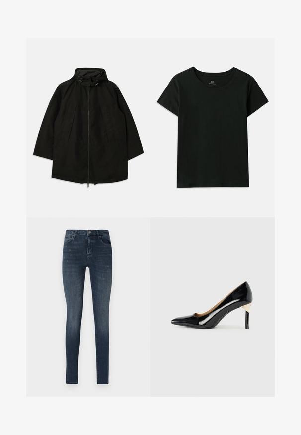 Fekete, könnyű dzseki, cipzáras záródással, húzózsinórral ellátott kapucnival, és széles, laza fazonnal. Húzott elülső részlet és sima текстúra jellemzi.; Fekete, rövid ujjú pamut póló. Kerek nyakú, az „Armani Exchange” felirat dombornyomott formában található a vállnál. Egyszerű dizájn.; Sötétkék, karcsú farmernadrág, öt zsebes dizájnnal, enyhe kopással és gombos záródással a derekán.; Fekete lakkbőrből készült magassarkú cipő, hegyes orral és kivágott dizájnnal; elegáns arany kiegészítő a saroknál. Egyszerű és elegáns.