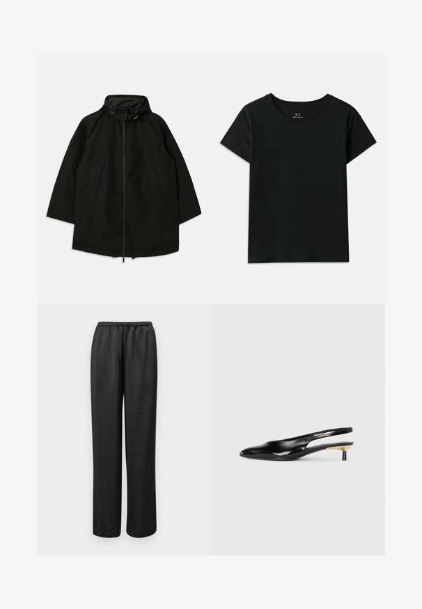 Svart lett jakke med glidelås, hette med snorer og bred, løs passform. Har plisseert frontdetaljering og en glatt tekstur.; Svart kortermet T-skjorte laget av bomull. Har rund hals og preget "Armani Exchange"-tekst langs skulderen. Enkel design.; Svarte, vide bukser med elastisk midje. Laget av et glatt stoff, med rette ben og uten synlige lommer eller pynt.; Sorte slingback pumps med spiss tå, glanset skinnfinish og en liten hæl med gullakcent. Elegant design med åpen bak.