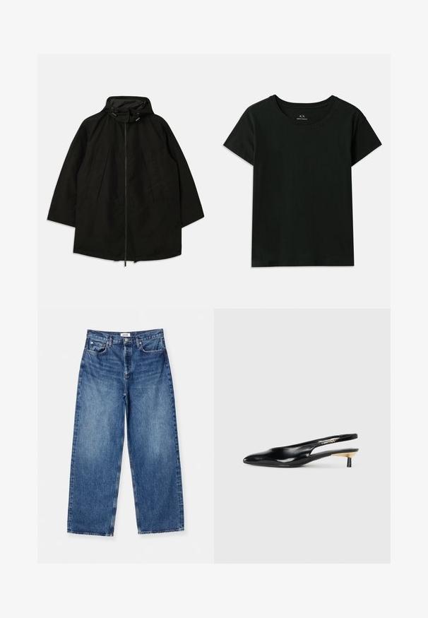 Črna lahka jakna z zadrgo, kapuco s vrvicami in širokim, ohlapnim krojem. Ima gubano sprednje detajliranje in gladko teksturo.; Črna kratka majica s kratkimi rokavi, narejena iz bombaža. Ima okroglo izrez in embosirano besedilo "Armani Exchange" ob rami. Preprost dizajn.; Svetlo modri široki hlače iz džinsa, s klasičnim dizajnom petih žepov, vidno šivanje in pasom srednje višine.; Črne slingback pumpe z ozkim nosom, sijočim usnjem in majhno peto z zlatim akcentom. Elegantna zasnova z odprtim zadnjim delom.