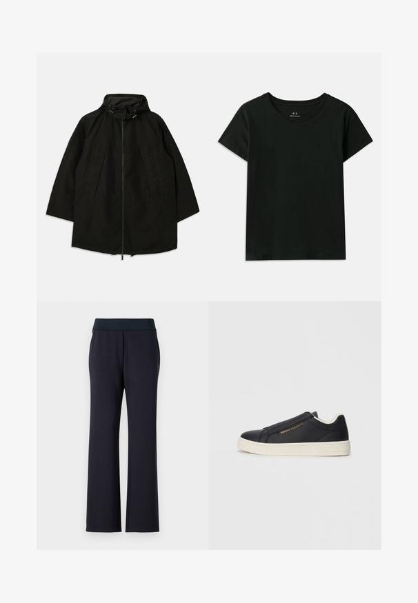 Svart lett jakke med glidelås, hette med snorer og bred, løs passform. Har plisseert frontdetaljering og en glatt tekstur.; Svart kortermet T-skjorte laget av bomull. Har rund hals og preget "Armani Exchange"-tekst langs skulderen. Enkel design.; Sorte avslappede bukser med bred midje. Laget av mykt stoff, med to lommer på sidene og en glatt tekstur. Ingen synlige mønstre.; Sorte lær slip-on sneakers med hvit såle, gull "Armani Exchange"-logo på siden, og minimalistisk sømdetalj.