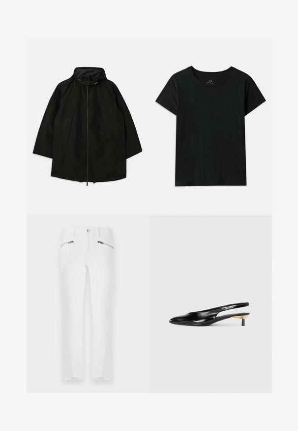 Črna lahka jakna z zadrgo, kapuco s vrvicami in širokim, ohlapnim krojem. Ima gubano sprednje detajliranje in gladko teksturo.; Črna kratka majica s kratkimi rokavi, narejena iz bombaža. Ima okroglo izrez in embosirano besedilo "Armani Exchange" ob rami. Preprost dizajn.; Bela kavbojka s slim fit krojem, ki ima dva žepa z zadrgo spredaj, običajen pas in rahlo strgane robove. Narejena je iz denim tkanine.; Črne slingback pumpe z ozkim nosom, sijočim usnjem in majhno peto z zlatim akcentom. Elegantna zasnova z odprtim zadnjim delom.