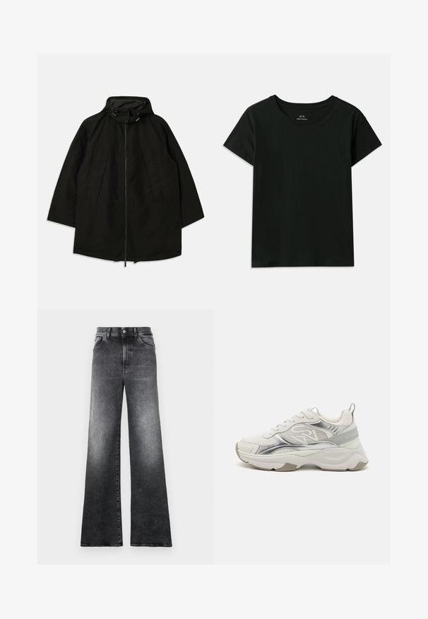 Svart lett jakke med glidelås, hette med snorer og bred, løs passform. Har plisseert frontdetaljering og en glatt tekstur.; Svart kortermet T-skjorte laget av bomull. Har rund hals og preget "Armani Exchange"-tekst langs skulderen. Enkel design.; Vide benbukser i gradient grå denim, med knaplukning, fem lommer og en falmet struktur.; Hvite sportsko med glitrende sølvdetaljer, nettingpaneler og en tykk såle. Har en logo på siden og en teksturert hæltab.