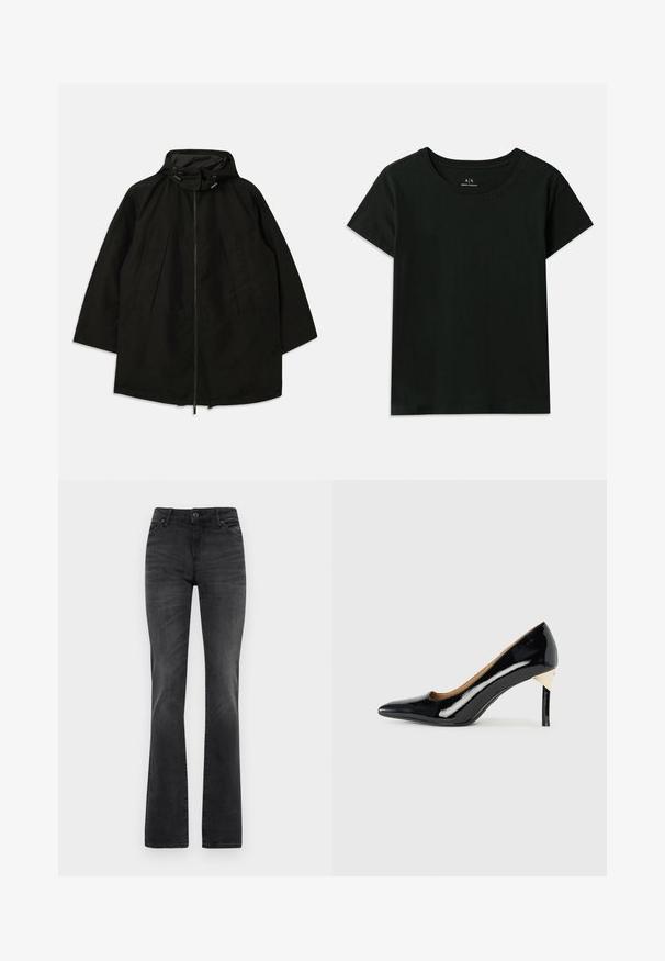 Fekete, könnyű dzseki, cipzáras záródással, húzózsinórral ellátott kapucnival, és széles, laza fazonnal. Húzott elülső részlet és sima текстúra jellemzi.; Fekete, rövid ujjú pamut póló. Kerek nyakú, az „Armani Exchange” felirat dombornyomott formában található a vállnál. Egyszerű dizájn.; Fekete, flared farmernadrág, közepes derékkal, elülső zsebekkel és enyhe kopással. Tiszta dizájn, látható díszítések nélkül.; Fekete lakkbőrből készült magassarkú cipő, hegyes orral és kivágott dizájnnal; elegáns arany kiegészítő a saroknál. Egyszerű és elegáns.