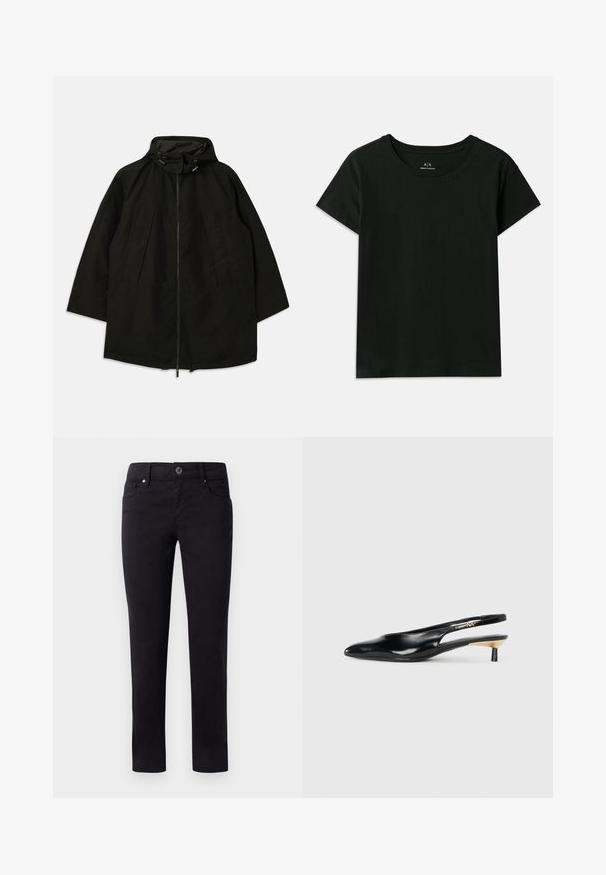 Melnā vieglā jakā ar rāvējslēdzēju, kapuci ar pievilkšanas auklām un plašu, brīvu piegriezumu. Iezīmes - izšūti priekša detaļas un gluda tekstūra.; Melnā īsās piedurknes T-kreklā, kas izgatavots no kokvilnas. Piedāvā apaļu kakla izgriezumu un augšējiem pleciem iepresētu "Armani Exchange" tekstu. Vienkāršs dizains.; Melnas kokvilnas bikses ar taisnu kāju dizainu, kas aprīkotas ar priekšējiem kabatām un pogu aizdari jostas vietā. Gluda tekstūra un bez rakstiem.; Melnas slingback pump kurpes ar smailu purngalu, spīdīgu ādas apdari un mazu papēdi ar zelta akcentu. Elegants dizains ar atvērtu aizmuguri.