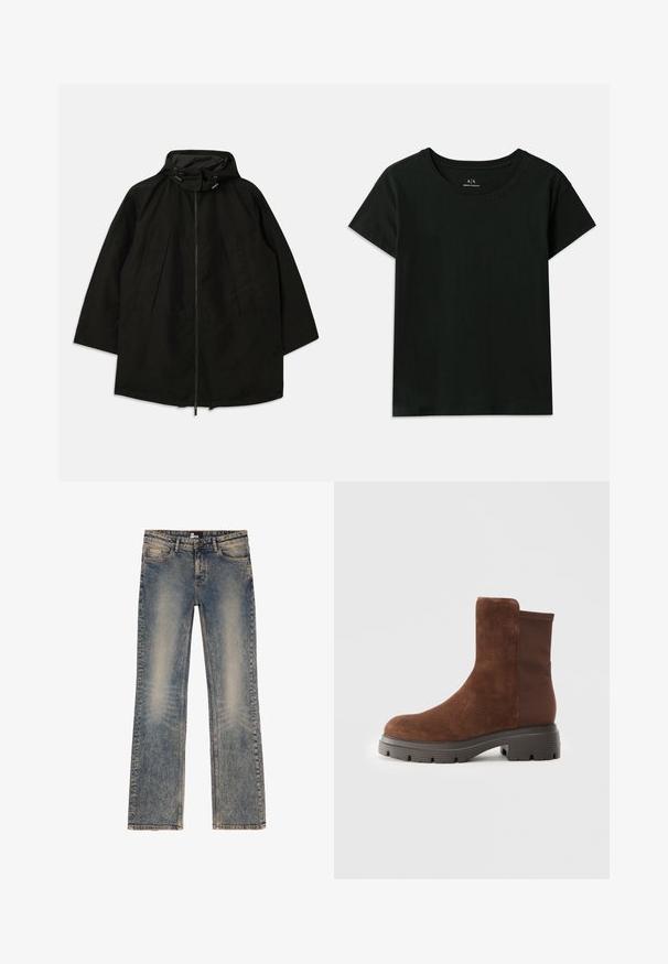 Črna lahka jakna z zadrgo, kapuco s vrvicami in širokim, ohlapnim krojem. Ima gubano sprednje detajliranje in gladko teksturo.; Črna kratka majica s kratkimi rokavi, narejena iz bombaža. Ima okroglo izrez in embosirano besedilo "Armani Exchange" ob rami. Preprost dizajn.; Svetlo modri kavbojki iz denima z blagim obrabljenim videzom, pet žepov in ravnim krojem. Šivani rob in rahli detajli mehkega dotika.; Rjave antilopne gležnjarje z elastičnimi stranskimi paneli, zaobljenim nosom in debelim gumijastim podplatom, ki ima teksturiran vzorec.