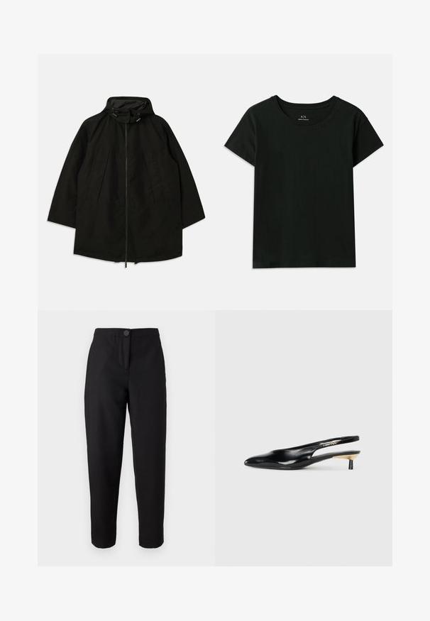 Črna lahka jakna z zadrgo, kapuco s vrvicami in širokim, ohlapnim krojem. Ima gubano sprednje detajliranje in gladko teksturo.; Črna kratka majica s kratkimi rokavi, narejena iz bombaža. Ima okroglo izrez in embosirano besedilo "Armani Exchange" ob rami. Preprost dizajn.; Črne hlače iz gladkega, mehkega materiala. Imajo sprednji gumb, oprijet kroj in strukturirane šive, brez vidnih vzorcev.; Črne slingback pumpe z ozkim nosom, sijočim usnjem in majhno peto z zlatim akcentom. Elegantna zasnova z odprtim zadnjim delom.