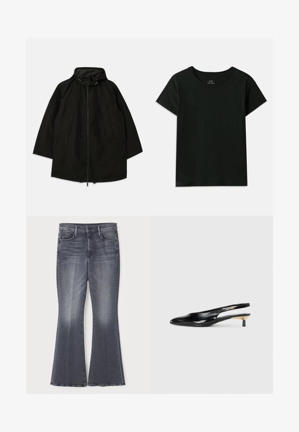 Black lightweight jacket with a zip closure, hood with drawstrings, and wide, loose fit. Features pleated front detailing and a smooth texture.; Black short-sleeve T-shirt made of cotton. Features a crew neck and embossed "Armani Exchange" text along the shoulder. Simple design.; Flared dark gray denim jeans with a mid-rise waist, featuring classic five-pocket design and subtle whiskering on the front.; Black slingback pump with a pointed toe, glossy leather finish, and a small heel with a gold accent. Sleek design with a open back.