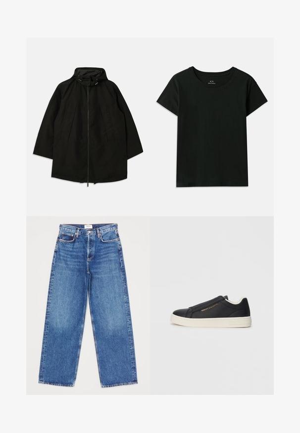 Sort letvægtsjakke med lynlås, hætte med snoretræk og bred, løs pasform. Har plisseret frontdetalje og en glat tekstur.; Sort kortærmet T-shirt lavet af bomuld. Har en rund halsudskæring og prægede "Armani Exchange"-tekster langs skulderen. Enkelt design.; Denim brede ben jeans i mellemblå vask med fem lommer, lige ben og stikninger. Mærketikette synlig ved taljen.; Sorte lædersneakers uden snørebånd med hvid sål, guld "Armani Exchange" logo på siden og minimalistisk syning.