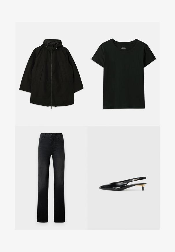 Crna lagana jakna s patentnim zatvaračem, kapuljačom s utezima i širokim, opuštenim krojem. Sadrži nabore na prednjem dijelu i glatku teksturu.; Crna majica kratkih rukava od pamuka. Ima okrugli izrez i reljefni natpis "Armani Exchange" duž ramena. Jednostavan dizajn.; Crne traperice ravnog kroja s blagim izbljeđivanjem, pet džepova i kopčanjem na gumb. Glatka tekstura s minimalnim detaljima šavova.; Crna slingback štikla s oštrim vrhom, sjajnom kožnom završnom obradom i malom petom s zlatnim naglaskom. Elegantan dizajn s otvorenom stražnjom stranom.