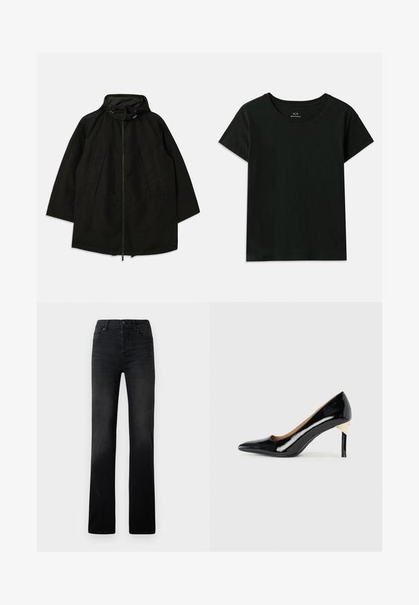 Fekete, könnyű dzseki, cipzáras záródással, húzózsinórral ellátott kapucnival, és széles, laza fazonnal. Húzott elülső részlet és sima текстúra jellemzi.; Fekete, rövid ujjú pamut póló. Kerek nyakú, az „Armani Exchange” felirat dombornyomott formában található a vállnál. Egyszerű dizájn.; Fekete farmer egyenes szabású nadrág, finom fade-elt hatással, öt zsebbel és gombos záródással. Sima felület minimális varrási részletekkel.; Fekete lakkbőrből készült magassarkú cipő, hegyes orral és kivágott dizájnnal; elegáns arany kiegészítő a saroknál. Egyszerű és elegáns.