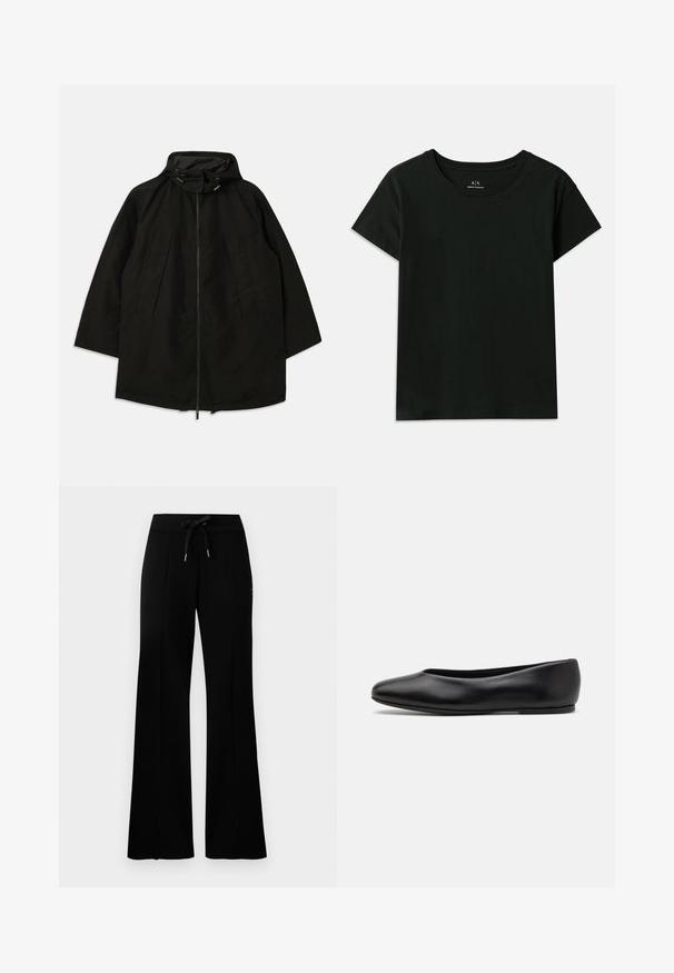 Schwarze leichte Jacke mit Reißverschluss, Kapuze mit Kordelzügen und weitem, lockeren Schnitt. Verfügt über gefaltete Vorderdetails und eine glatte Textur.; Schwarzes kurzärmeliges T-Shirt aus Baumwolle. Verfügt über einen Rundhalsausschnitt und geprägten "Armani Exchange"-Schriftzug entlang der Schulter. Einfaches Design.; Schwarze, weit geschnittene Sweatpants mit einem Kordelzugbund, seitlichen Schlitzdetails, weichem Stoff und einem eleganten Design.; Paul Smith TOPANGA - Klassischer Ballerina - black