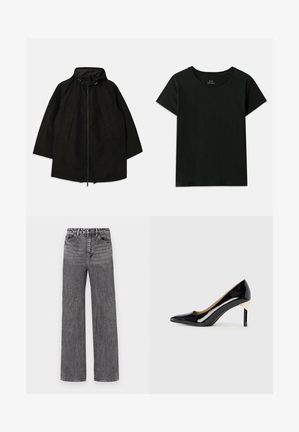 Must must jacket, mille pehmendava lahtine, kapuutsiga ja nööridega. Omab volditud esiosa ja sujuvat tekstuuri.; Must have lühikeste varrukatega must T-särk, mis on valmistatud puuvillast. Omab ümarat kaelaauku ja sissepressitud "Armani Exchange" teksti õlavarre pikkuses. Lihtne disain.; Kõrge vöökoht ja laiad sääred fadeeritud mustast denimist. Omab viit taskut ja nööbiga kinnitamist. Struktureeritud kangas koos õmbluse detailidega.; Must musta kõrge kontsaga king, millel on terav nina ja lõikekujundus; sisaldab peent kuldset aktsenti kontsal. Lihtne ja elegantne.