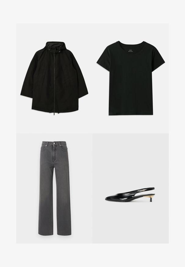 Svart lättviktsjacka med dragkedja, huva med dragsko och bred, lös passform. Har plisserad frontdetalj och en mjuk textur.; Svart kortärmad T-shirt i bomull. Har en rund hals och präglad "Armani Exchange" text längs axeln. Enkelt design.; Vida långt ben, grå denimjeans med hög midja, knäppning fram och kontrasterande sömmar. Har två sidofickor och en mjuk yta.; Svart slingback-pump med spetsig tå, glansigt läderfinish och en liten klack med guldaccent. Snygg design med öppen bak.