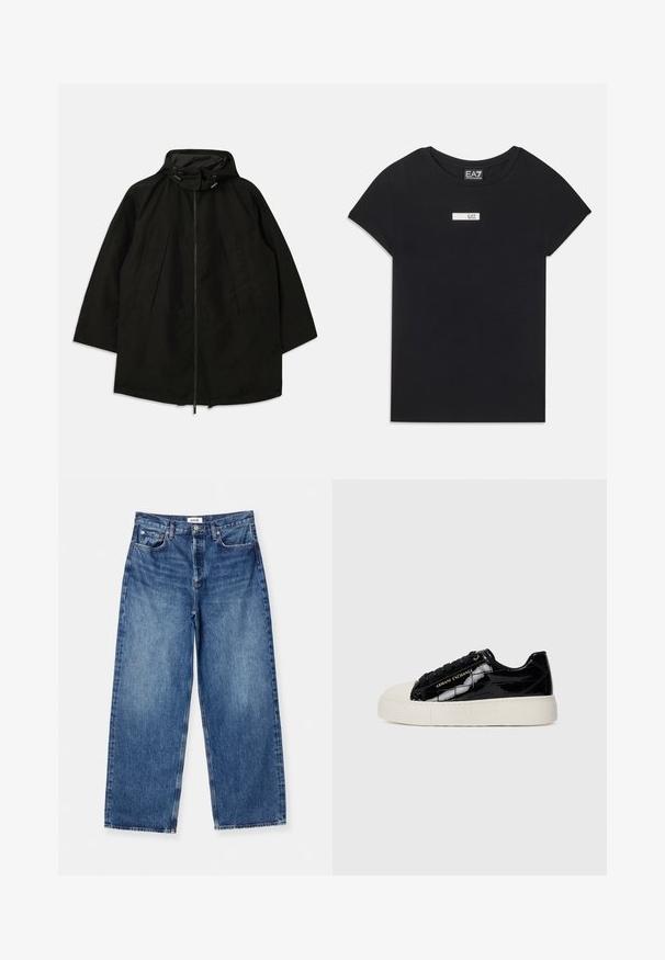 Chaqueta ligera negra con cierre de cremallera, capucha con cordones y un ajuste amplio y suelto. Cuenta con detalle en la parte delantera con pliegues y una textura suave.; Camiseta negra de manga corta hecha de algodón, con un parche de logo rectangular blanco etiquetado "EA7" en la parte delantera del pecho.; Jeans de mezclilla de pierna ancha en un tono azul claro, que presentan un diseño clásico de cinco bolsillos, costuras visibles y una cintura de altura media.; Zapatillas de corte bajo con patrón de cocodrilo brillante negro, suela de goma beige y punta, cordones negros y el logo dorado de "Armani Exchange" en un lateral.