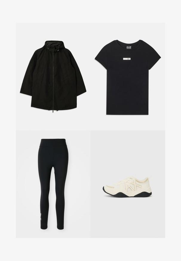 Black lightweight jacket with a zip closure, hood with drawstrings, and wide, loose fit. Features pleated front detailing and a smooth texture.; Black short-sleeve T-shirt made of cotton, featuring a white rectangular logo patch labeled "EA7" on the front chest area.; Black leggings made of stretchy fabric, featuring a high waistband and a small printed logo on one leg. Smooth texture, form-fitting design.; White sneaker with a textured upper, gold accents, and logo design. Features black sole and lace-up closure for secure fit.