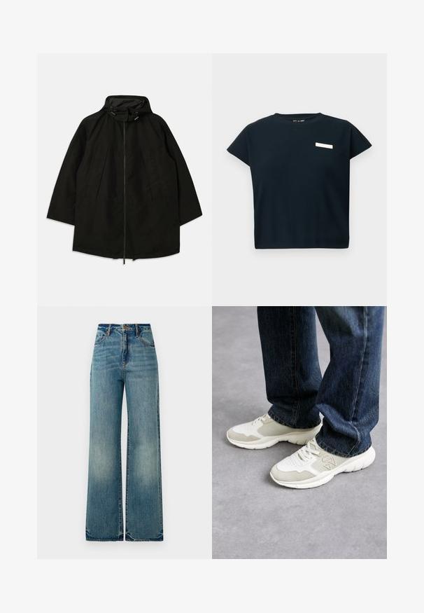 Čierna ľahká bunda so zipsom, kapucňou so sťahovacími šnúrkami a širokým, voľným strihom. Obsahuje pletené predné detaily a hladkú textúru.; Čierny rebrovaný top s krátkym rukávom a okrúhlym výstrihom, s malou bielou nálepkou na hrudi, vyrobený z mäkkého materiálu podobného bavlne.; Svetlomodré dámske džínsy širokého strihu majú vysoký pás, päť vreciek a mierne rozstrapkané konce, pričom predvádzajú textúrovaný, vyblednutý vzhľad.; Tenisky v svetlošedej a jemne béžovej sieťovine s nubukovými akcentmi. Majú šnurovací dizajn a hrubú bielu gumovú podrážku. Nosené s modrými džínsami.