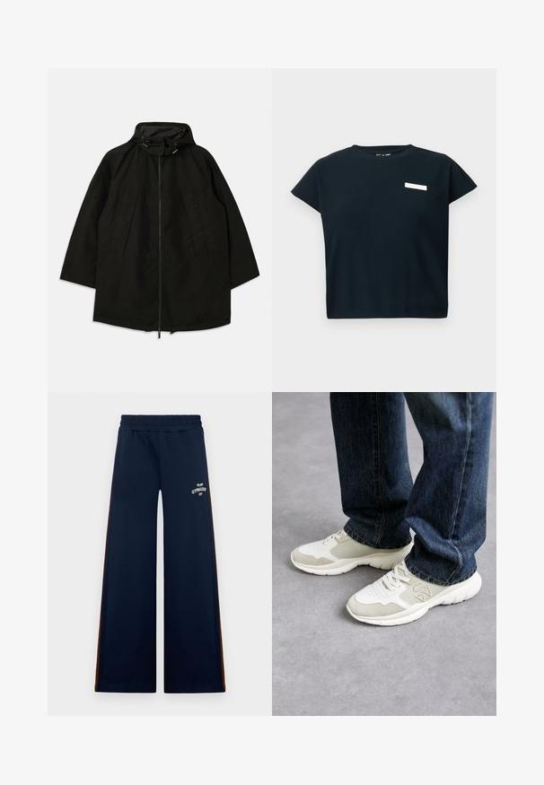 Fekete, könnyű dzseki, cipzáras záródással, húzózsinórral ellátott kapucnival, és széles, laza fazonnal. Húzott elülső részlet és sima текстúra jellemzi.; Fekete bordázott, rövid ujjú felső, kerek nyakkal, a mellkason egy kis fehér címkével, puha, pamutra hasonlító anyagból készült.; Sötétkék, széles lábú sportnadrág, rugalmas derékkal, barna oldalsó kiegészítőkkel és fehér "Milano Gymnasium" felirattal.; Világosszürke és puha bézs hálós anyagból készült sportcipők, bőr betétekkel. Fűzős kialakítással és vastag fehér gumitalppal rendelkezik. Kék farmernadrággal viselik.