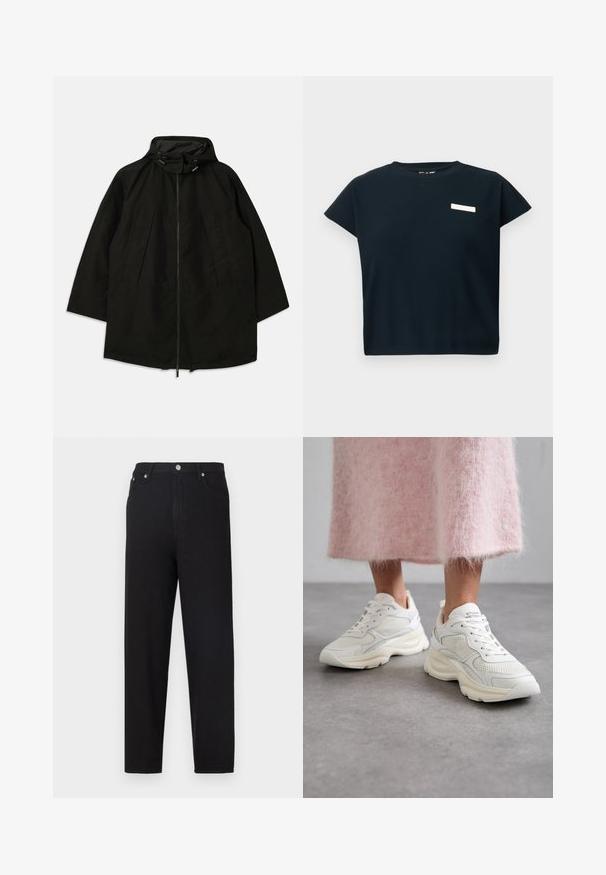 Čierna ľahká bunda so zipsom, kapucňou so sťahovacími šnúrkami a širokým, voľným strihom. Obsahuje pletené predné detaily a hladkú textúru.; Čierny rebrovaný top s krátkym rukávom a okrúhlym výstrihom, s malou bielou nálepkou na hrudi, vyrobený z mäkkého materiálu podobného bavlne.; Čierne denimové nohavice majú rovný strih, viditeľné švy a predné vrecká. Tkanina má hladkú štruktúru s jemným leskom.; Biele tenisky z mesh a koženého materiálu, zaoblená špička a polstrovaná podrážka. Obsahujú šnúrky a názov značky na jazyku.