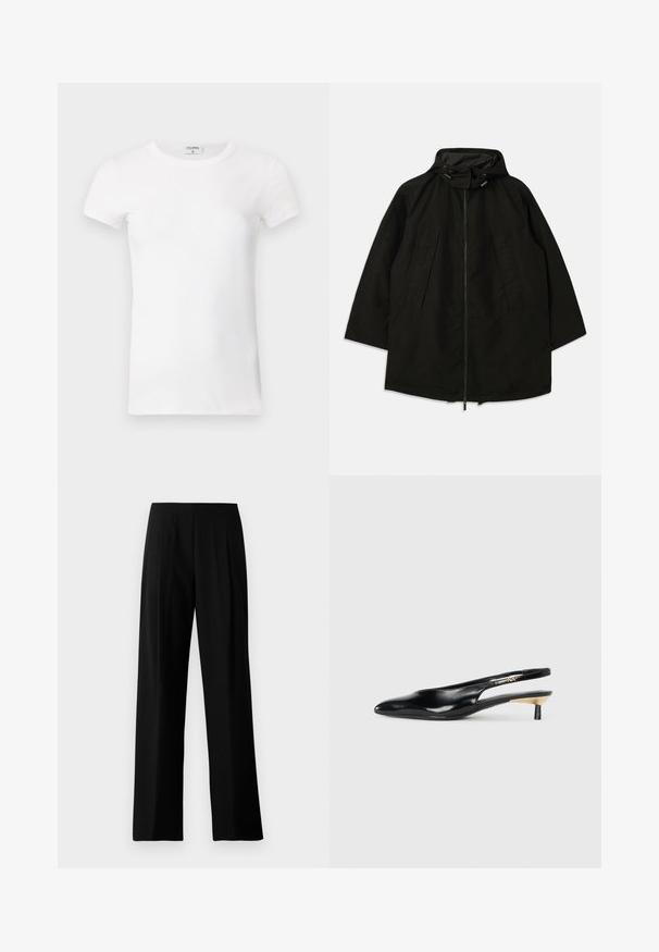 Chaqueta ligera negra con cierre de cremallera, capucha con cordones y un ajuste amplio y suelto. Cuenta con detalle en la parte delantera con pliegues y una textura suave.; Camiseta blanca de manga corta y con cuello redondo, de tejido acanalado. La tela parece suave y tiene una silueta ajustada. Etiqueta de marca visible en el cuello.; Pantalones de pierna ancha negros, confeccionados con una tela suave, que presentan una cintura plana y pliegues frontales para un aspecto ajustado. Sin herrajes visibles ni patrones.; Zapato de tacón tipo slingback negro con punta afilada, acabado en cuero brillante y un pequeño tacón con un acento dorado. Diseño elegante con parte trasera abierta.