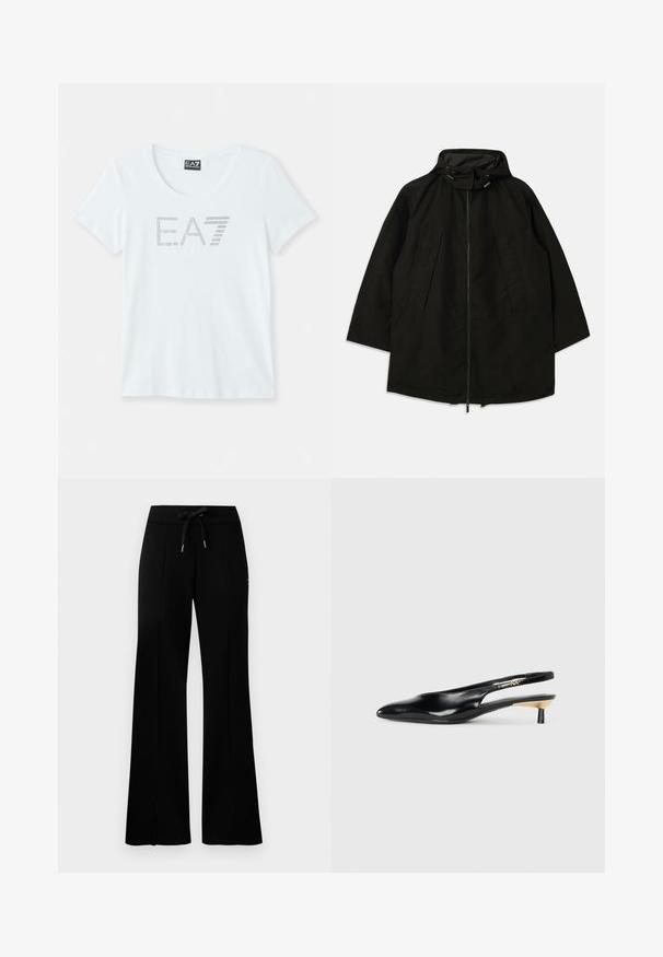 Svart lett jakke med glidelås, hette med snorer og bred, løs passform. Har plisseert frontdetaljering og en glatt tekstur.; Hvitt kortermet T-skjorte med rund hals, med en sølvprikket "E.A7" logo på forsiden. Laget av lett bomullsstoff.; Svart vid bukse med snøring i midjen, sidelommer, myk stoff og et elegant design.; Sorte slingback pumps med spiss tå, glanset skinnfinish og en liten hæl med gullakcent. Elegant design med åpen bak.