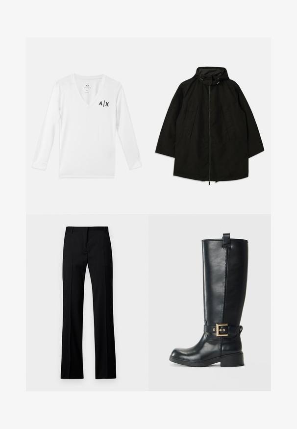 Jachetă ușoară neagră cu închidere cu fermoar, glugă cu șnururi și croială largă, lejeră. Prezintă detalii pliate în față și o textură netedă.; Tricou alb cu mâneci lungi și decolteu în V, fabricat din bumbac, cu un mic logo negru "A/X" pe partea stângă, aproape de piept. Textură netedă.; Pantaloni negri cu croi drept, dintr-un material neted, cu front plat, brâuri pentru curea și fără buzunare sau embellishments vizibile.; Cizme din piele negre, până la genunchi, cu toc mic și pătrat, curea decorativă cu cataramă aurie în jurul gleznei și manșetă de prindere în partea de sus.