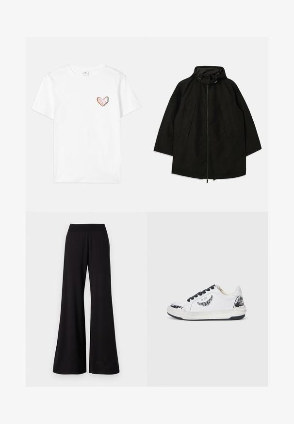 Crna lagana jakna s patentnim zatvaračem, kapuljačom s utezima i širokim, opuštenim krojem. Sadrži nabore na prednjem dijelu i glatku teksturu.; Bijela pamučna majica s višebojnim srcem na lijevoj strani prsa. Kratki rukavi i klasičan okrugli izrez.; Crne široke hlače izrađene od glatke tkanine s visokim rastezljivim pojasom. Hlače su pune dužine i imaju jednostavan dizajn bez uzoraka.; Bijela tenisica s crnim akcentima, s teksturiranim dizajnom s strane, crnim vezicama i gumenim potplatom. Logo i umjetnički rad na gornjem dijelu.