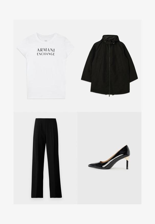 Melnā vieglā jakā ar rāvējslēdzēju, kapuci ar pievilkšanas auklām un plašu, brīvu piegriezumu. Iezīmes - izšūti priekša detaļas un gluda tekstūra.; Balta kokvilnas T-krekls ar melnu "ARMANI EXCHANGE" logo uz krūtīm. Īsas piedurknes un apaļa kakla izgriezums. Gluda tekstūra.; Melnas platās bikses no gludas auduma ar plakanu jostu un priekšējām krokām, kas nodrošina stilīgu izskatu. Nav redzamu metāliste vai rakstu.; Melnas lakotas ādas augstpapēžu kurpes ar norādītu purngalu un izgriezumu dizainu; ar elegantu zelta akcentu uz papēža. Vienkāršas un elegantas.